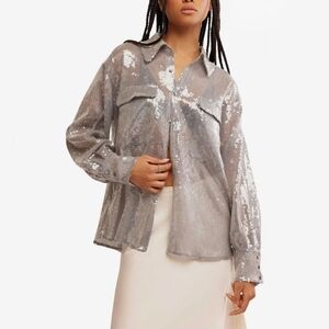 Free People Disco Margarita Sheer Sequin Button Down Shirt Top Rocket XS S